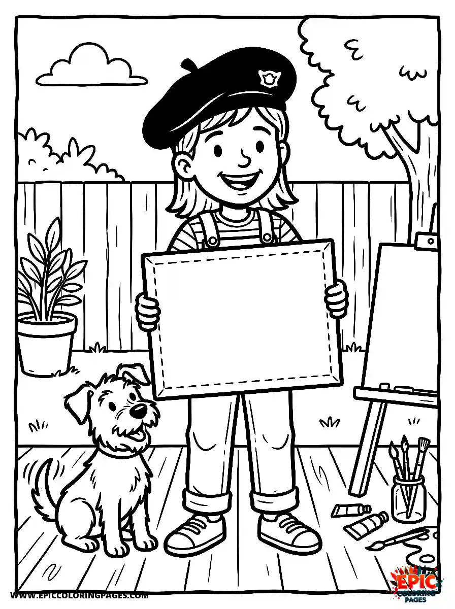 Girl with Dog Girl with dog holding a blank white canvas wearing an artist beret