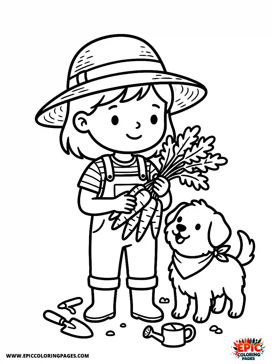 Girl with Dog Girl with dog holding a bunch of fresh carrots wearing a farmer straw hat