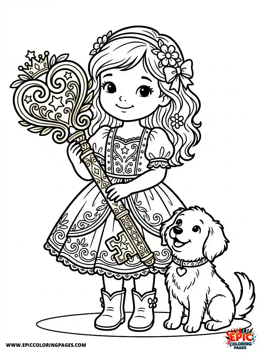 Girl with Dog Girl with dog holding a giant golden key wearing a velvet dress