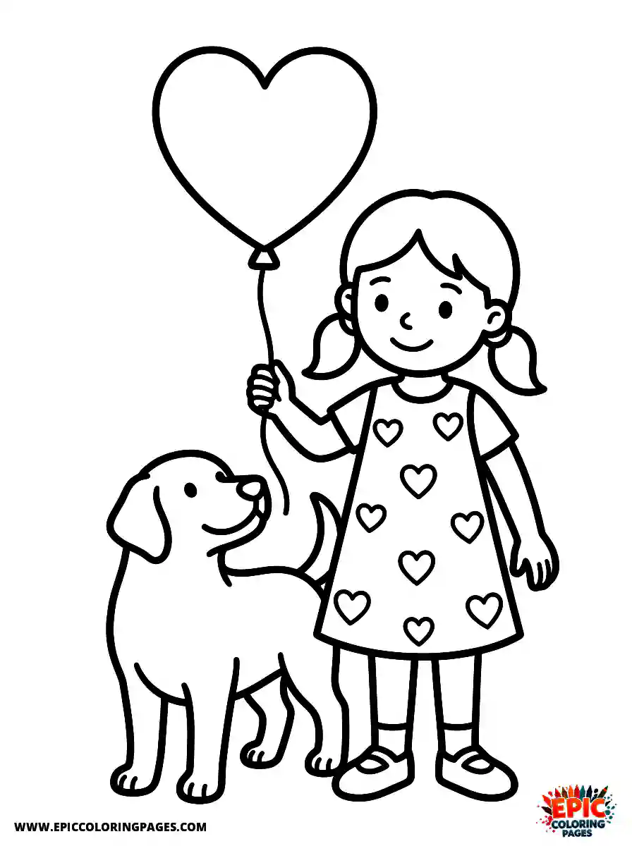 Girl with Dog Girl with dog holding a heart shaped balloon valentines wearing a dress with hearts