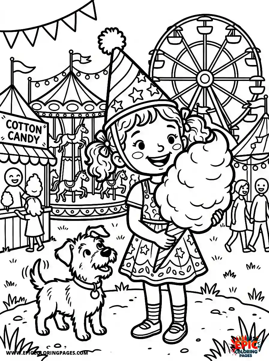 Girl with Dog Girl with dog holding a huge stick of cotton candy wearing a carnival hat