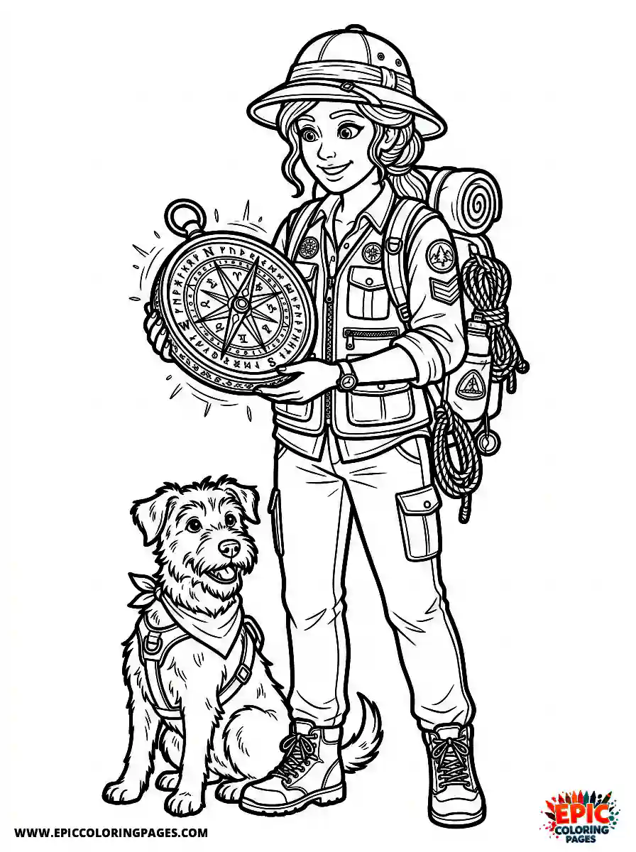 Girl with Dog Girl with dog holding a magical compass exploration wearing a safari hat