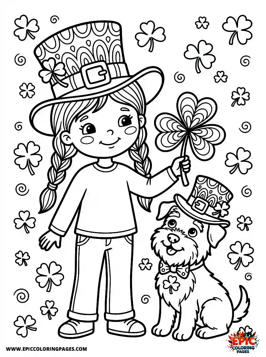 Girl with Dog Girl with dog holding a shamrock st patricks wearing a leprechaun top hat