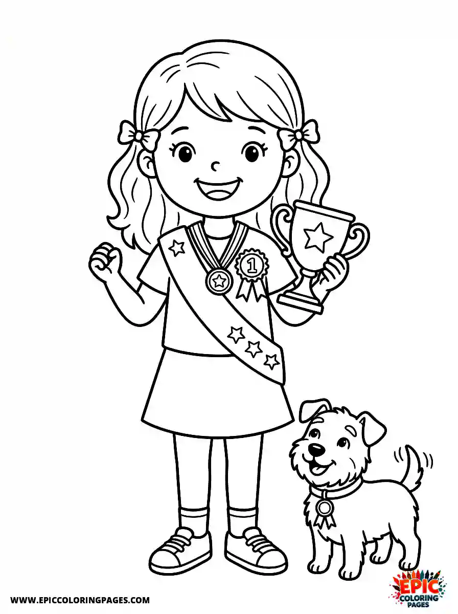 Girl with Dog Girl with dog holding a small golden trophy wearing a winner medal