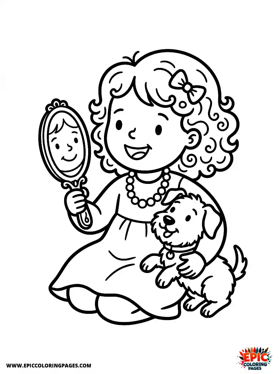 Girl with Dog Girl with dog holding a small hand mirror wearing a pearl necklace