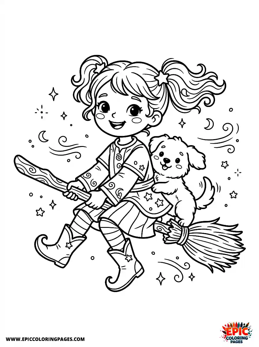Girl with Dog Girl with dog hovering on a flying broomstick wearing pointed boots