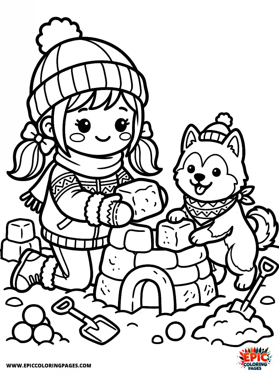 Girl with Dog Girl with dog kawaii style building a snow fort winter wearing fuzzy mittens