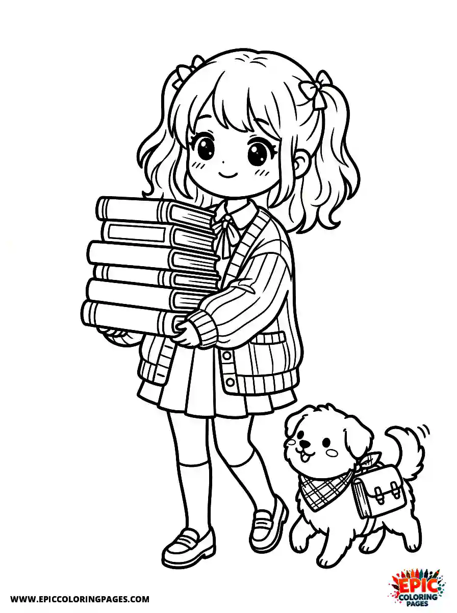Girl with Dog Girl with dog kawaii style carrying a stack of literature books wearing a cozy cardigan