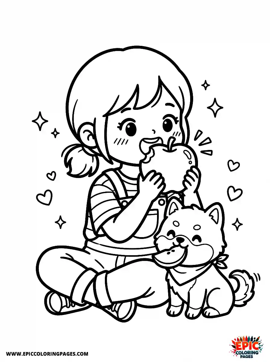 Girl with Dog Girl with dog kawaii style eating a crunchy red apple wearing a casual t shirt