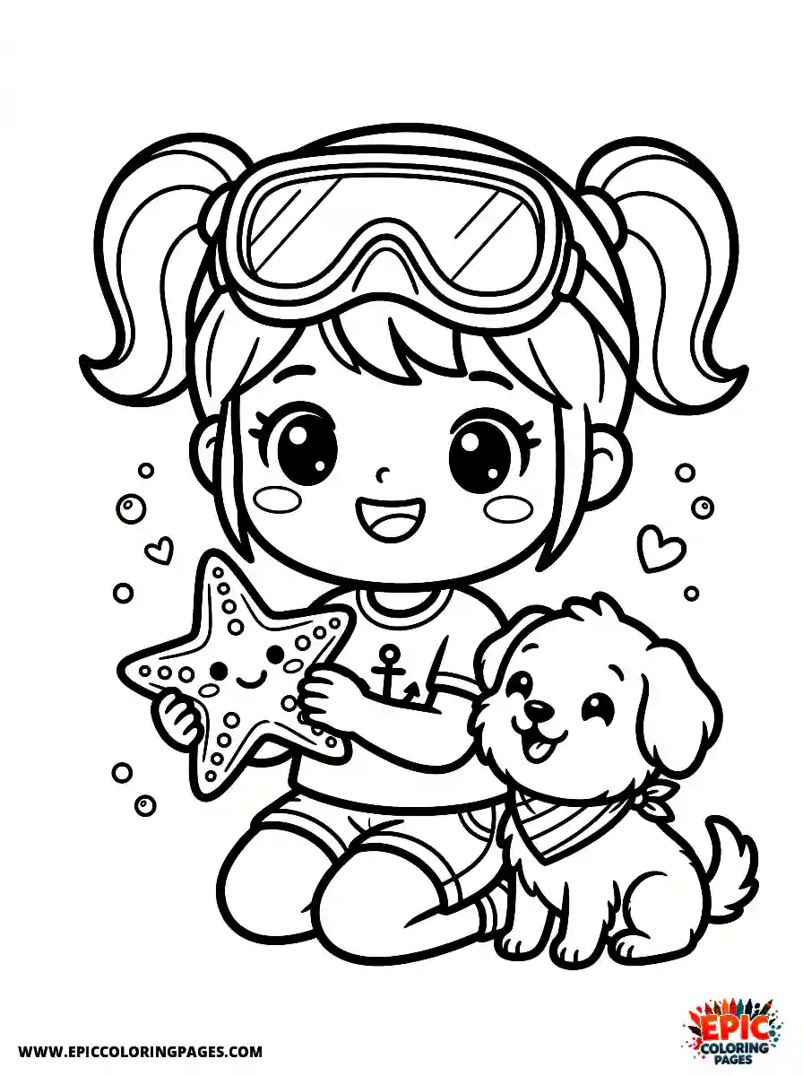 Girl with Dog Girl with dog kawaii style holding a beautiful sea star wearing a diving mask