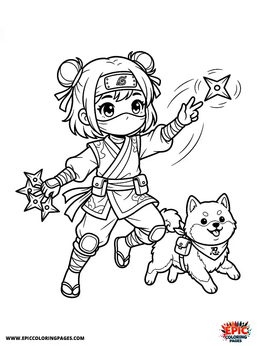 Girl with Dog Girl with dog kawaii style holding throwing stars ninja wearing a stealth mask