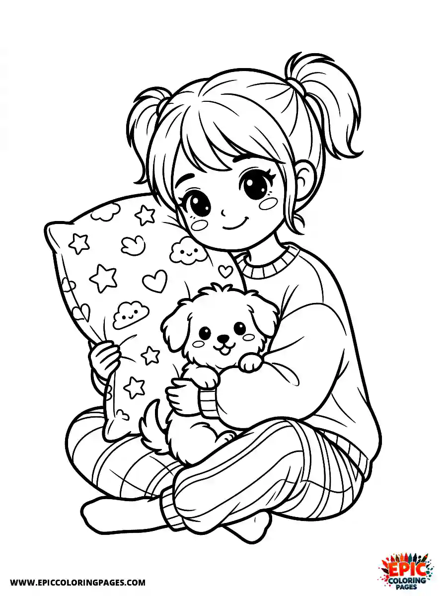 Girl with Dog Girl with dog kawaii style hugging a large decorative pillow wearing soft lounge pants