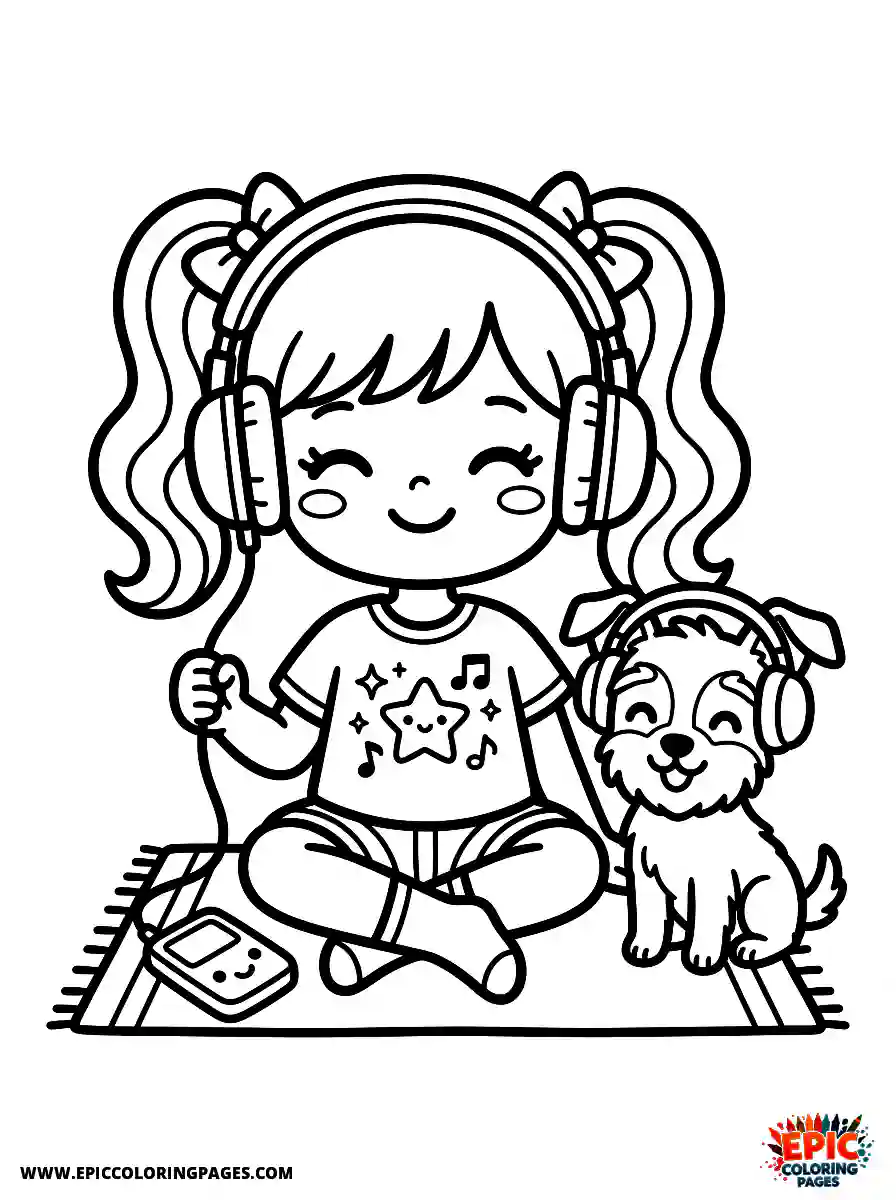 Girl with Dog Girl with dog kawaii style listening to music on large headphones wearing a graphic tee