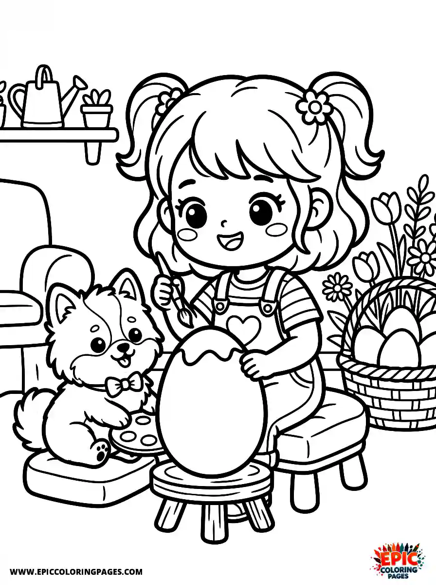 Girl with Dog Girl with dog kawaii style painting a large egg holding a tiny brush
