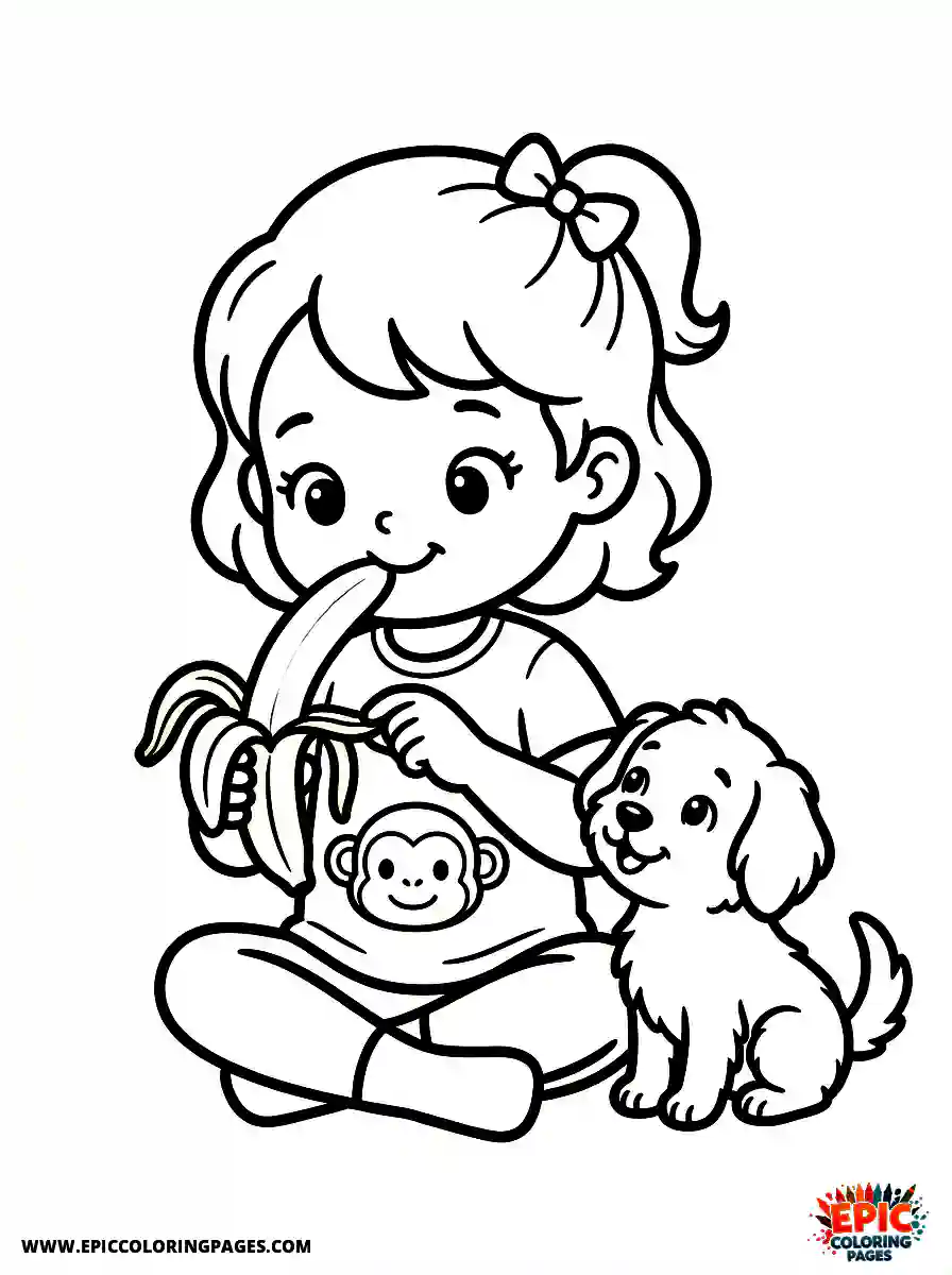 Girl with Dog Girl with dog kawaii style peeling a yellow banana wearing a monkey graphic tee