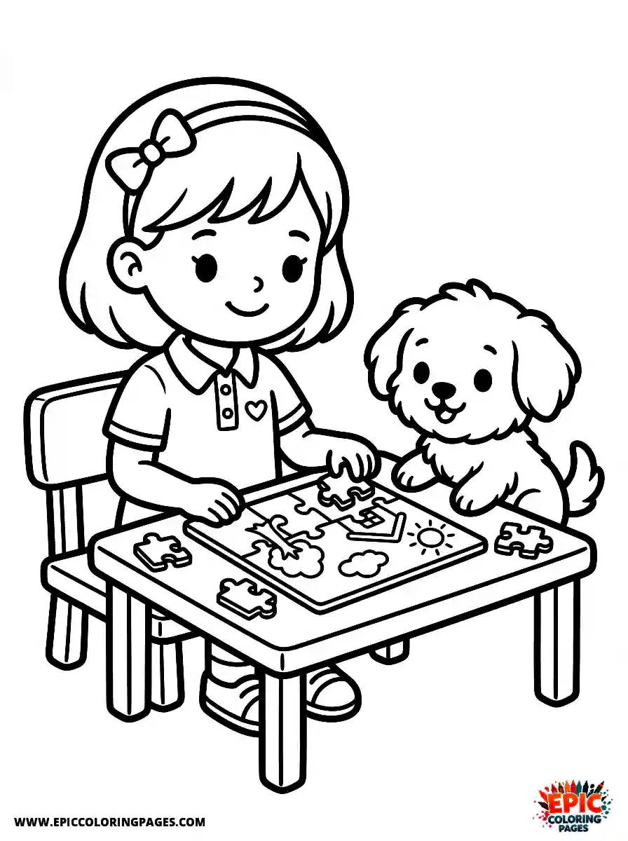 Girl with Dog Girl with dog kawaii style putting together puzzle pieces wearing a smart polo shirt