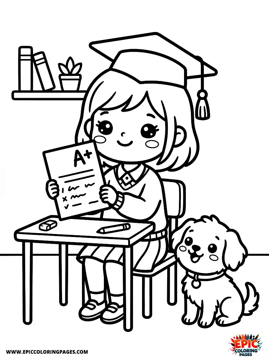 Girl with Dog Girl with dog kawaii style showing a test paper with an a plus wearing a graduation cap