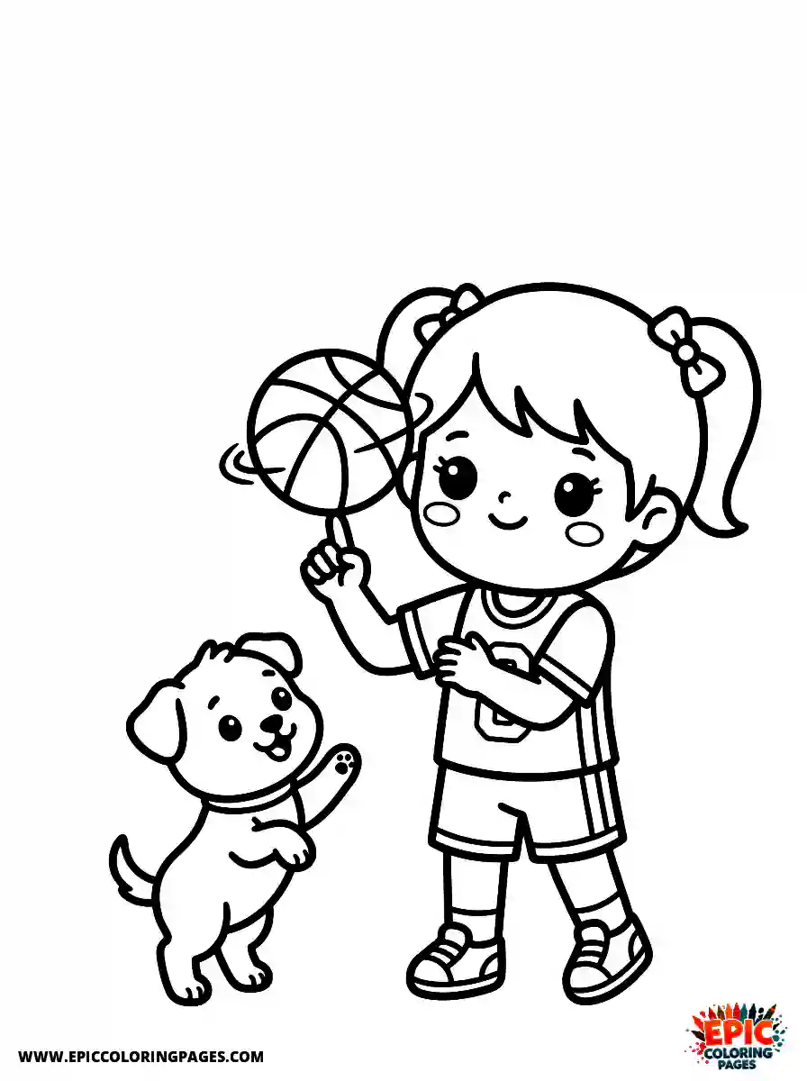 Girl with Dog Girl with dog kawaii style spinning a basketball on one finger wearing a sports jersey