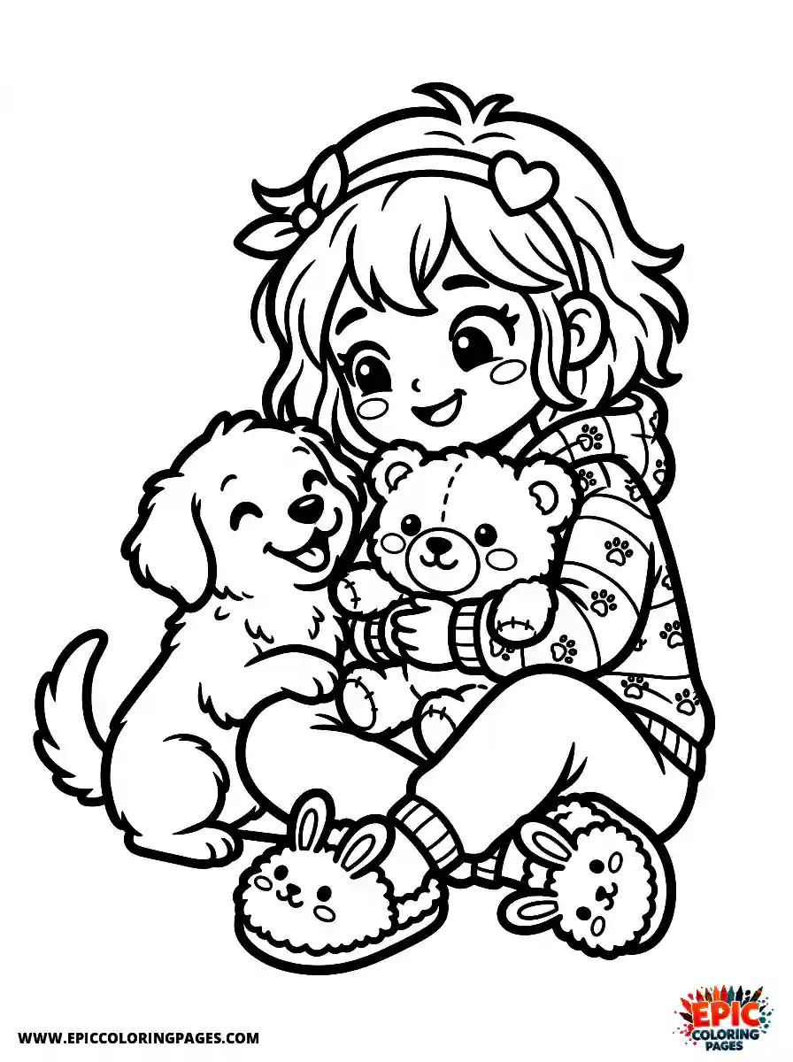 Girl with Dog Girl with dog kawaii style squeezing a soft teddy bear wearing fuzzy slippers