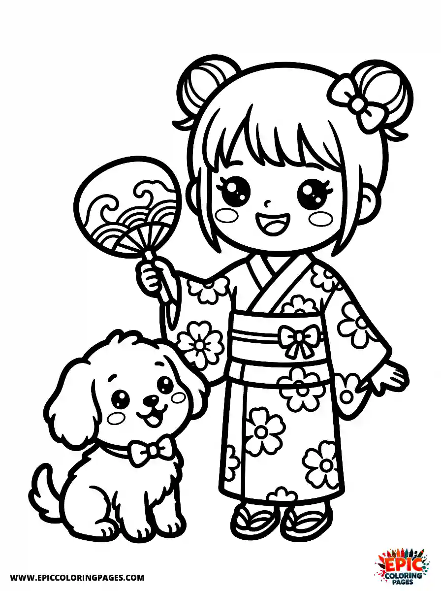 Girl with Dog Girl with dog kawaii style waving a small paper fan wearing a traditional yukata