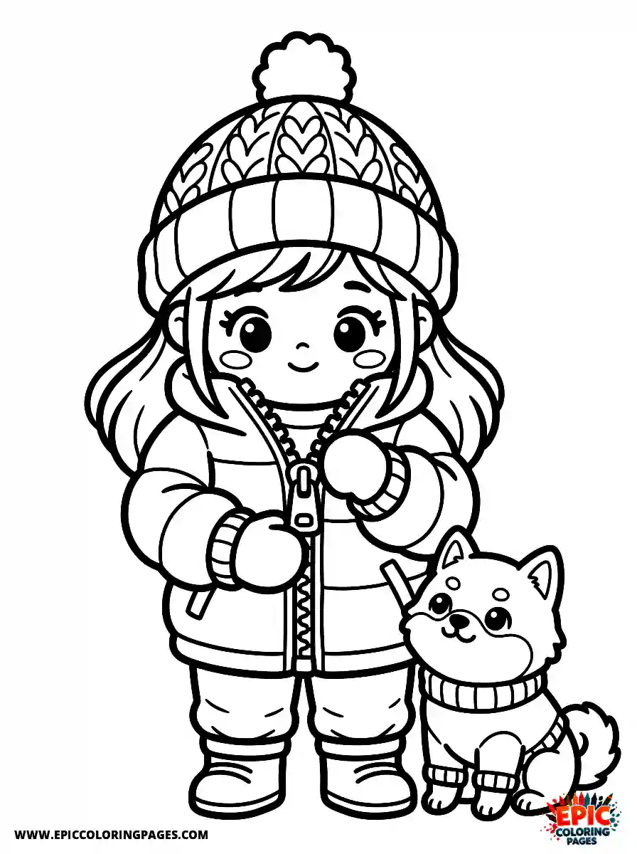 Girl with Dog Girl with dog kawaii style zipping up a heavy winter coat wearing a thick beanie