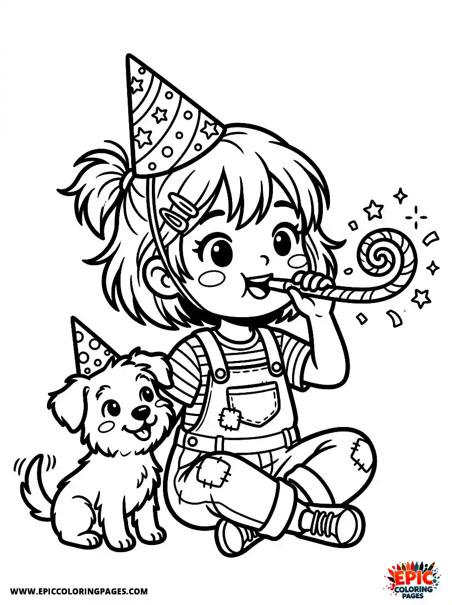 Girl with Dog Girl with dog manga style blowing a curled party favor wearing a celebration hat