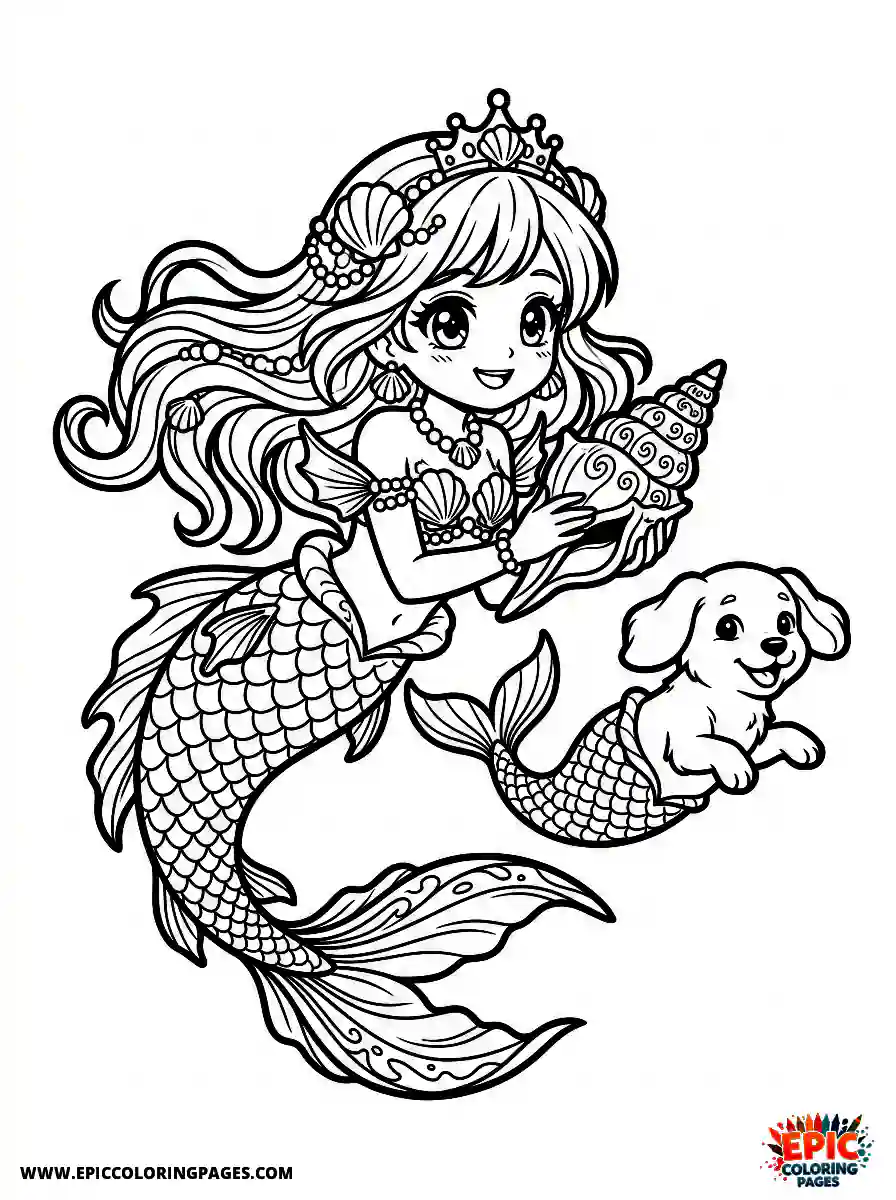 Girl with Dog Girl with dog manga style dressed as a beautiful mermaid holding a seashell
