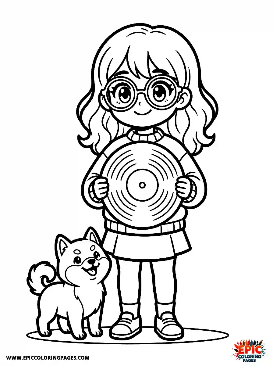 Girl with Dog Girl with dog manga style holding a classic vinyl record wearing retro round glasses