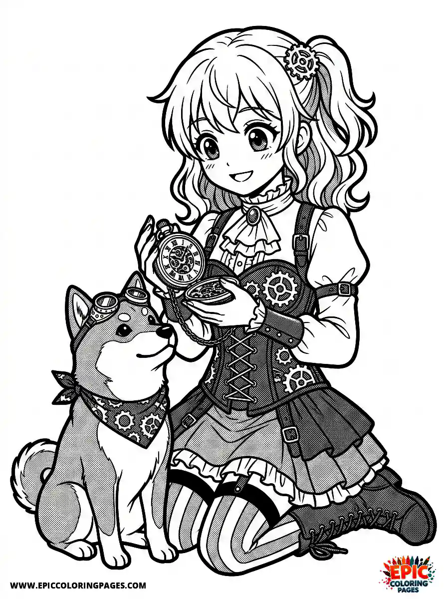 Girl with Dog Girl with dog manga style holding a small mechanical pocket watch wearing a steampunk corset