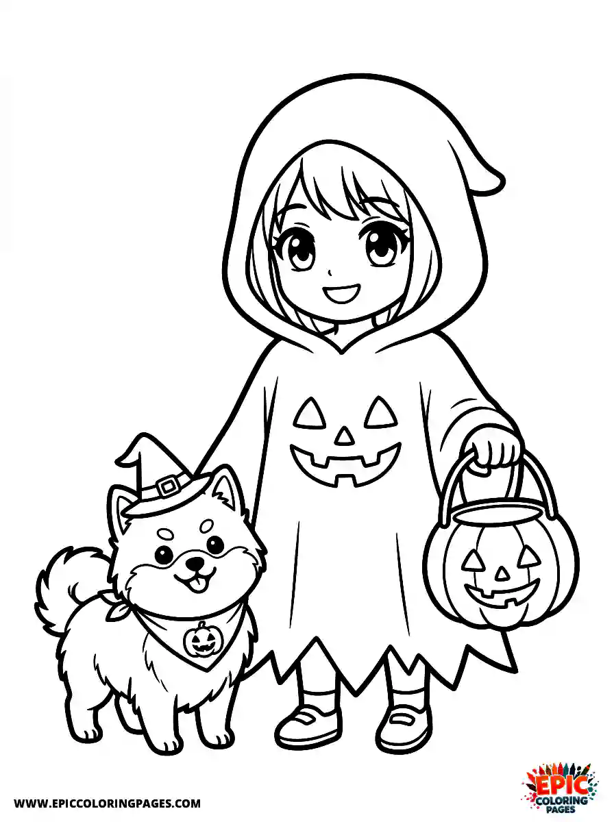 Girl with Dog Girl with dog manga style holding a trick or treat bucket dressed as a ghost