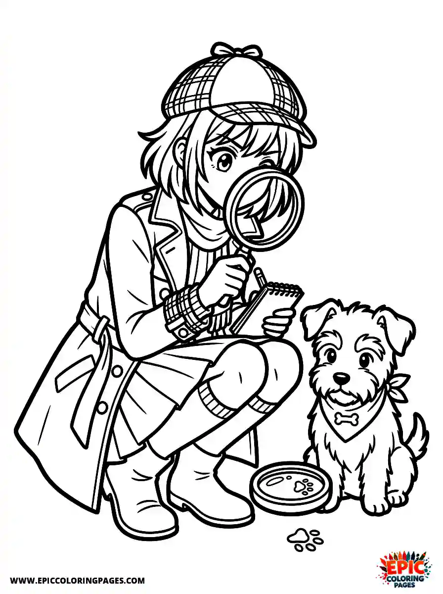 Girl with Dog Girl with dog manga style investigating with a magnifying glass wearing a detective trench coat