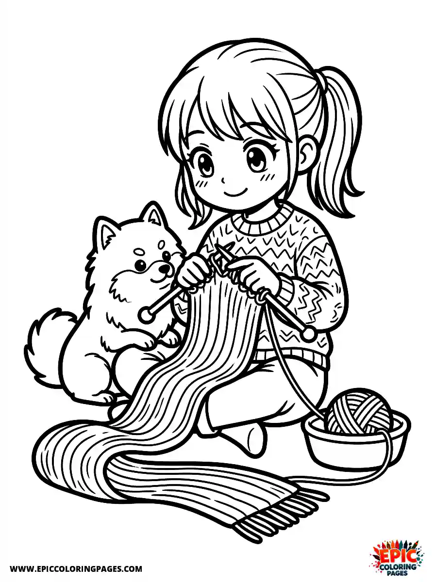 Girl with Dog Girl with dog manga style knitting a long scarf knitting needles