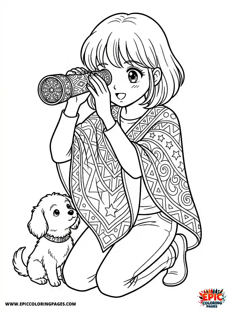 Girl with Dog Girl with dog manga style looking through a kaleidoscope wearing a colorful poncho