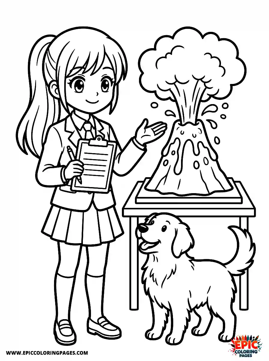Girl with Dog Girl with dog manga style presenting a science volcano holding a clipboard