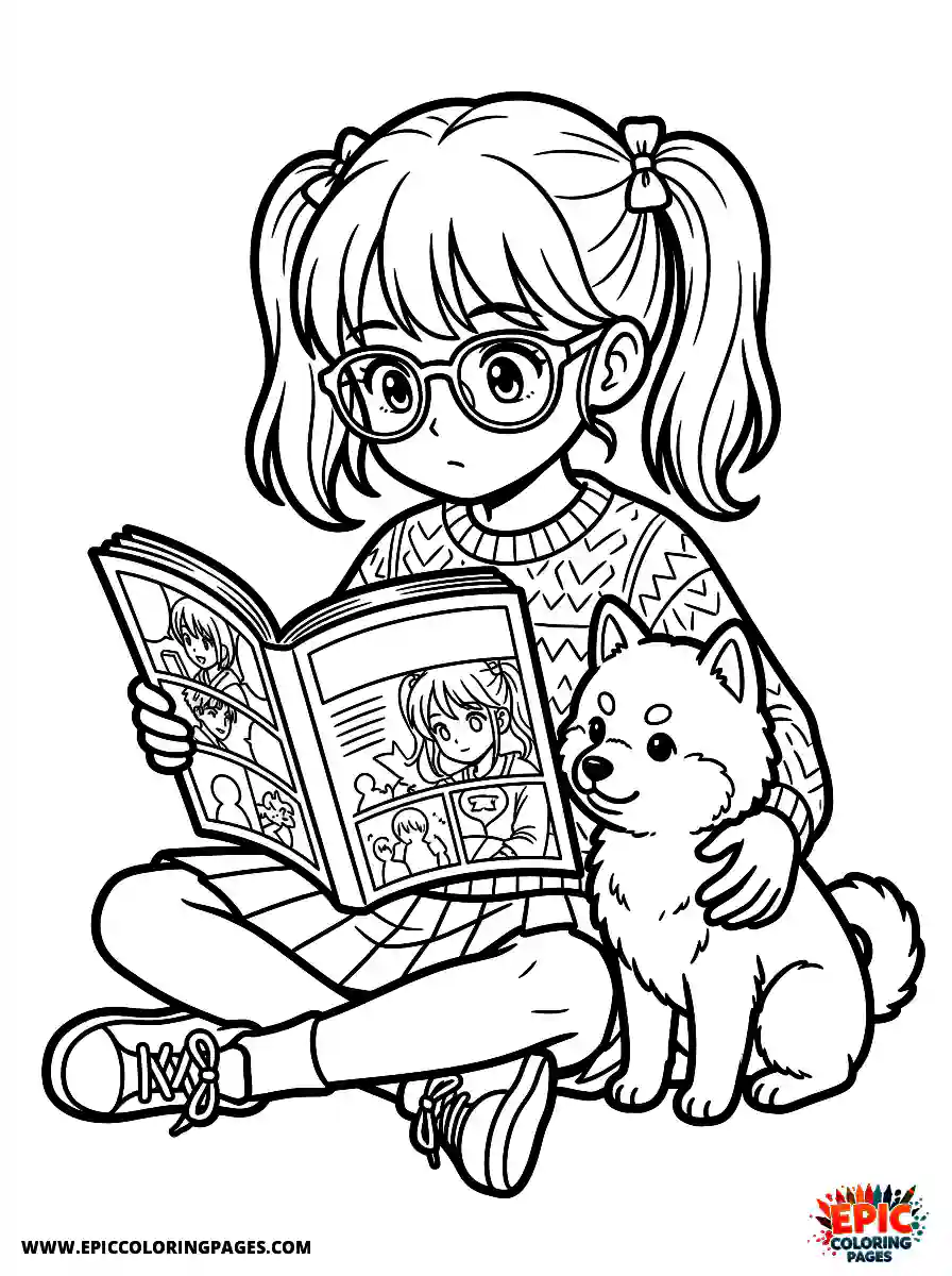 Girl with Dog Girl with dog manga style reading a glossy magazine wearing trendy glasses