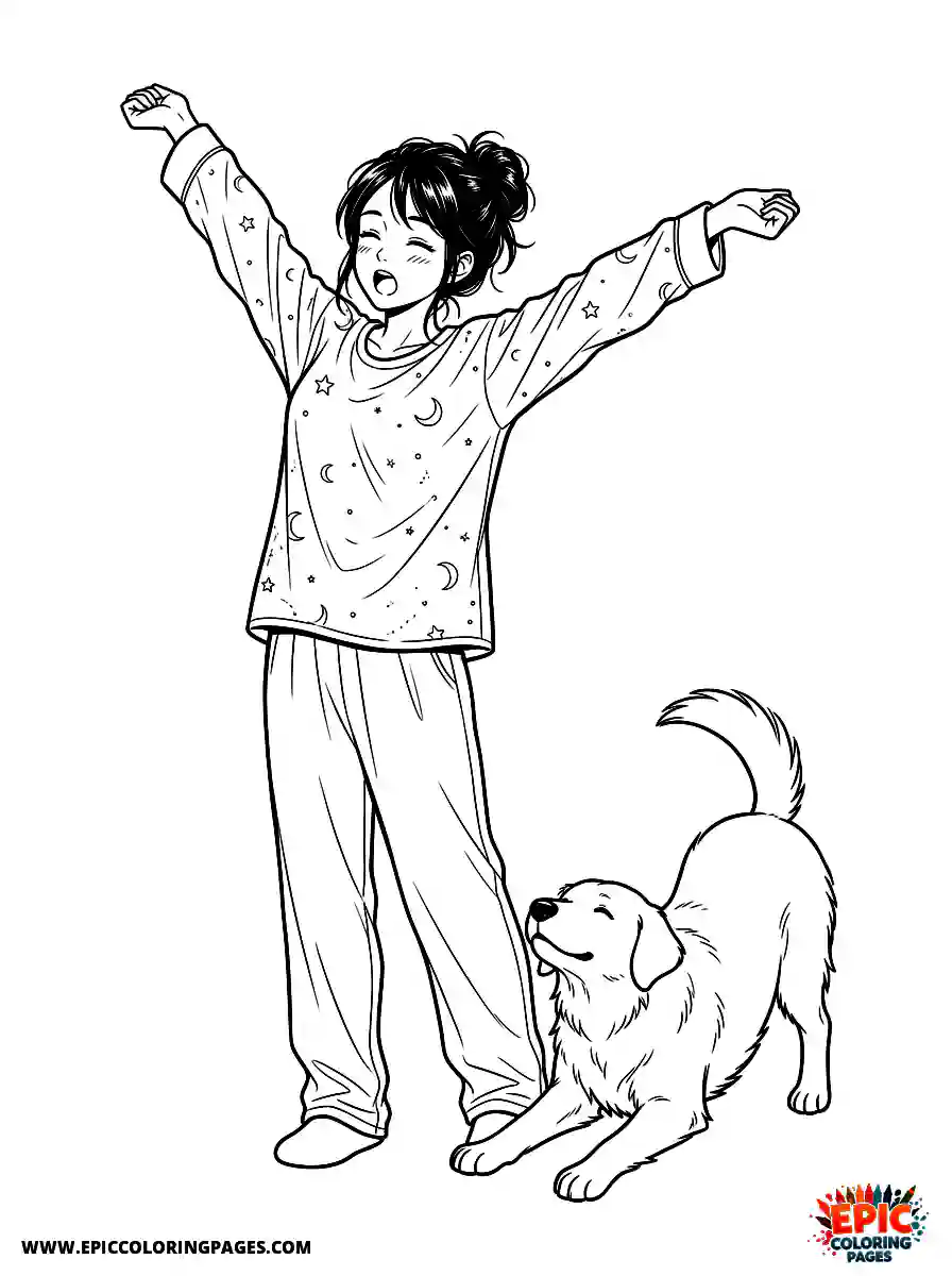 Girl with Dog Girl with dog manga style stretching arms wide wearing comfortable pajamas