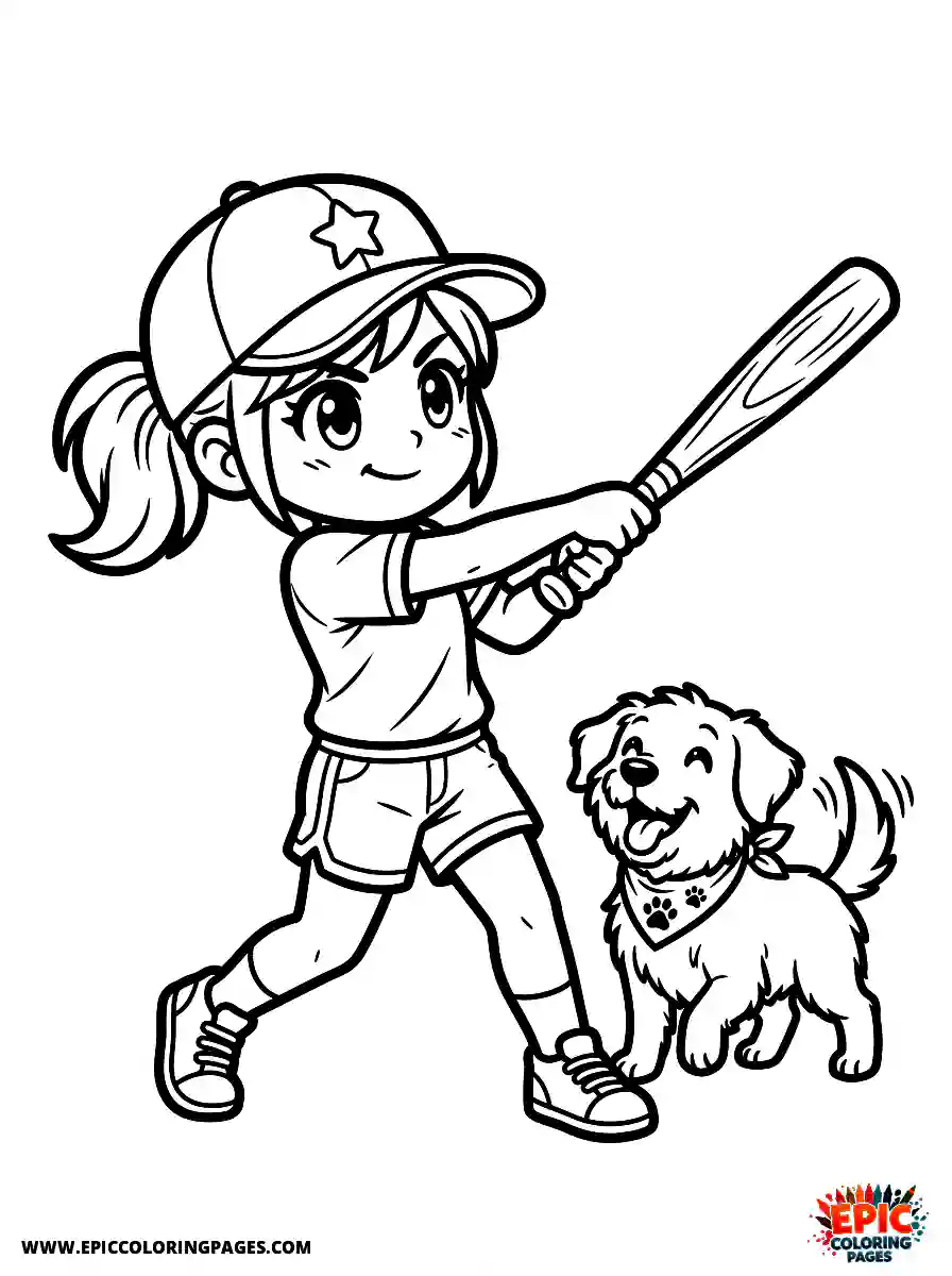Girl with Dog Girl with dog manga style swinging a baseball bat wearing a baseball cap