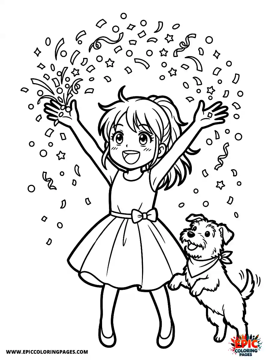Girl with Dog Girl with dog manga style tossing a bundle of colorful confetti wearing a party dress