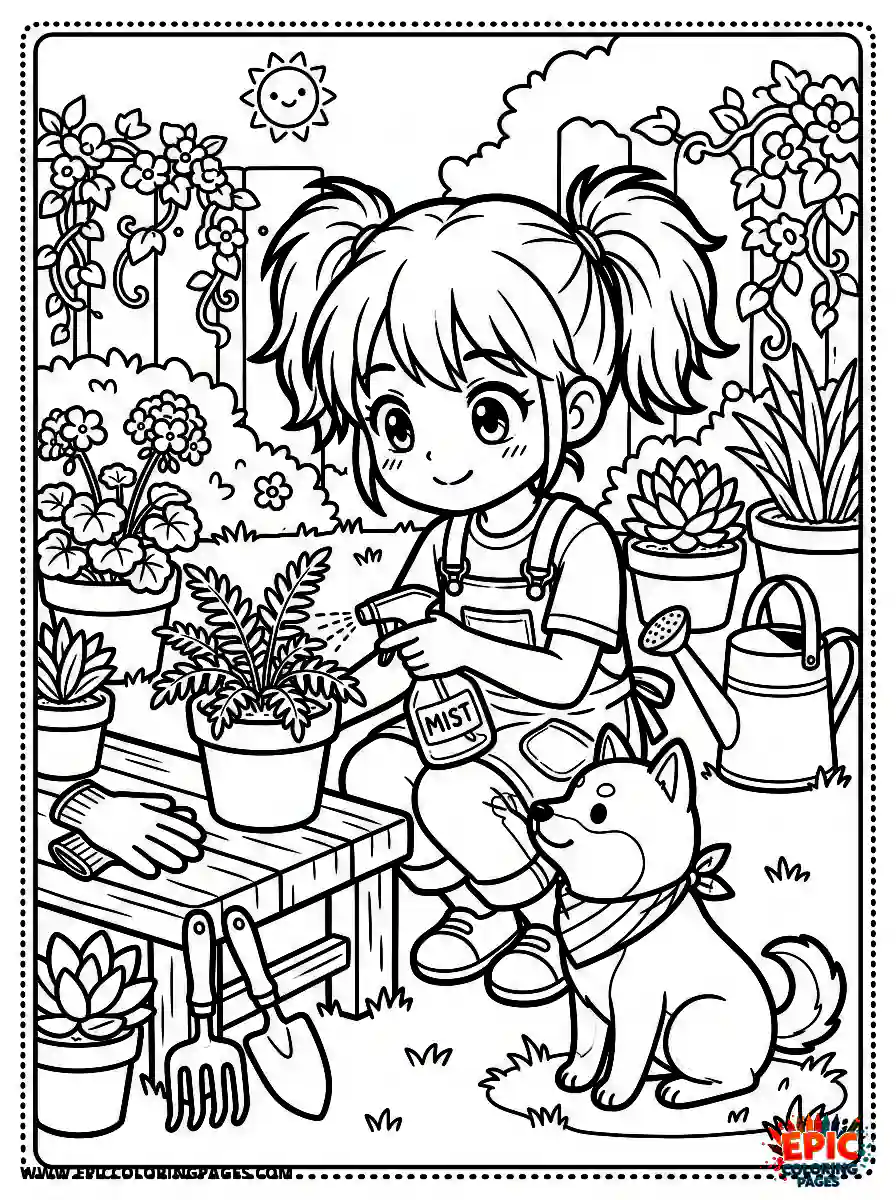 Girl with Dog Girl with dog manga style watering a potted plant holding a small spray bottle