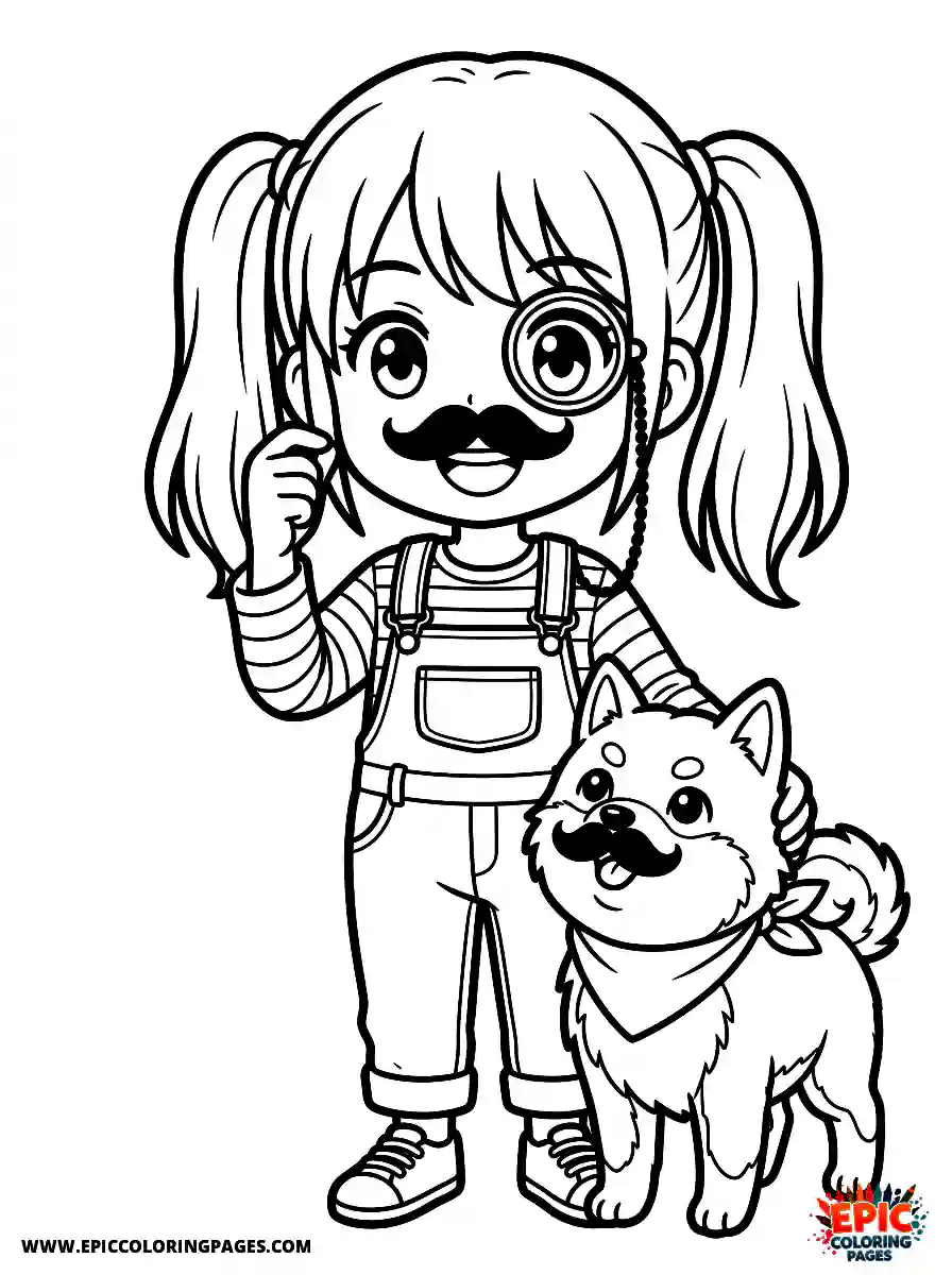 Girl with Dog Girl with dog manga style wearing a fake mustache holding a monocle