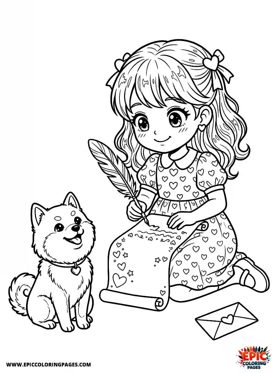 Girl with Dog Girl with dog manga style writing a love letter valentines holding a feather pen