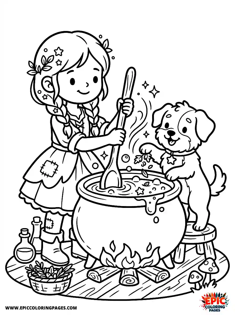 Girl with Dog Girl with dog mixing a magical potion holding a large wooden spoon