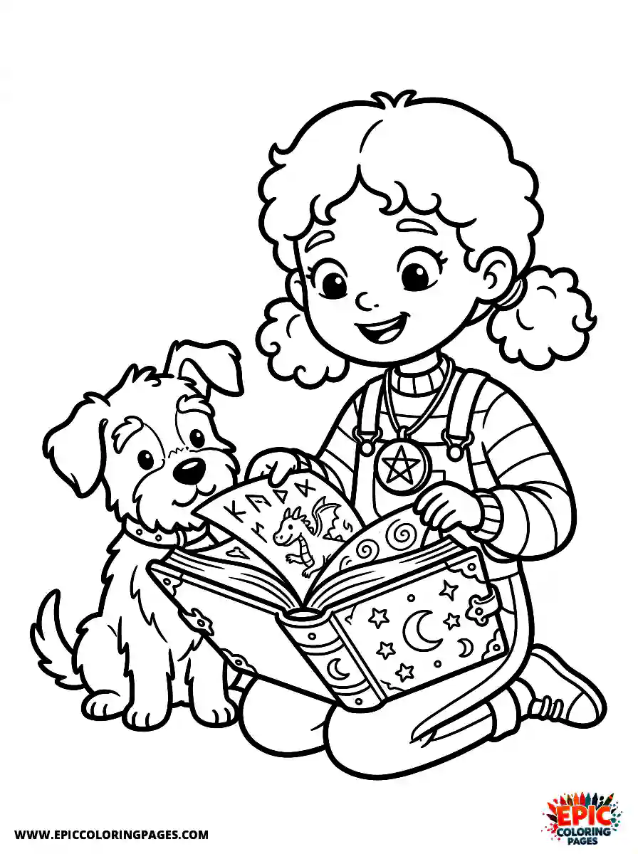 Girl with Dog Girl with dog opening an ancient spellbook wearing a talisman necklace