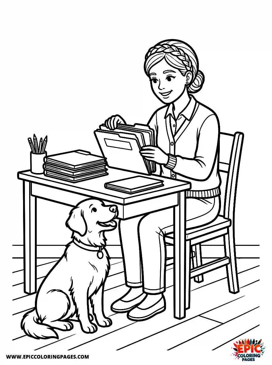 Girl with Dog Girl with dog organizing colorful folders wearing a neat headband