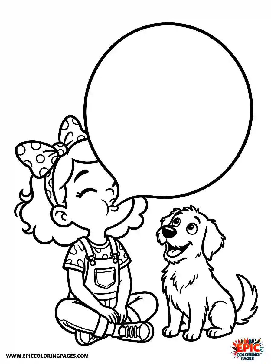 Girl with Dog Girl with dog pixar style blowing a huge chewing gum bubble wearing a polka dot bow