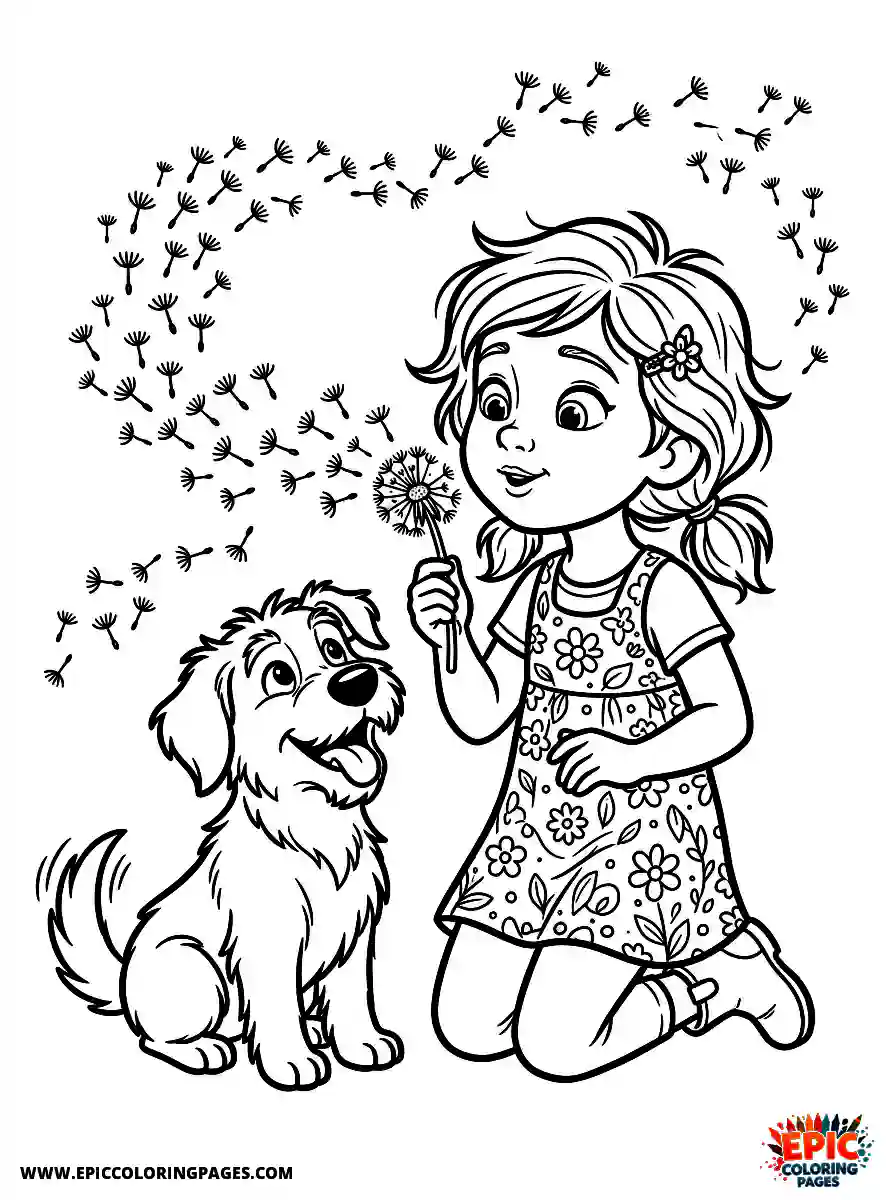 Girl with Dog Girl with dog pixar style blowing dandelion seeds wearing a floral dress