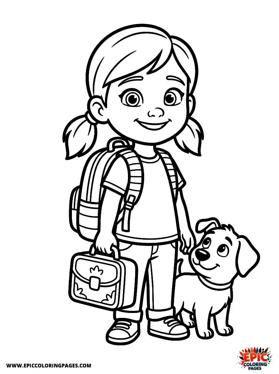 Girl with Dog Girl with dog pixar style carrying a bright lunchbox wearing a striped backpack