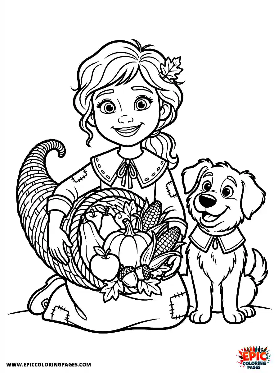 Girl with Dog Girl with dog pixar style holding a cornucopia thanksgiving wearing a pilgrim collar