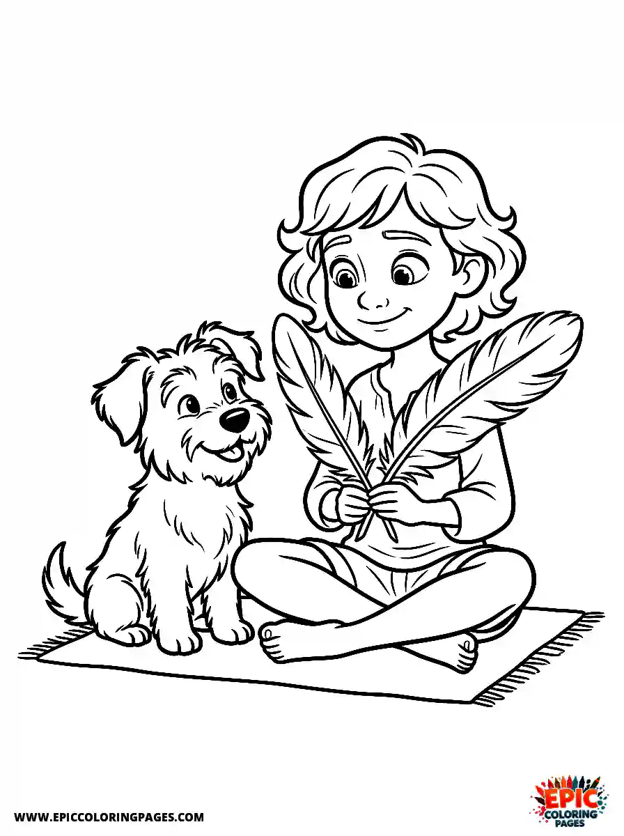 Girl with Dog Girl with dog pixar style holding a fluffy feather wearing a soft silk blouse