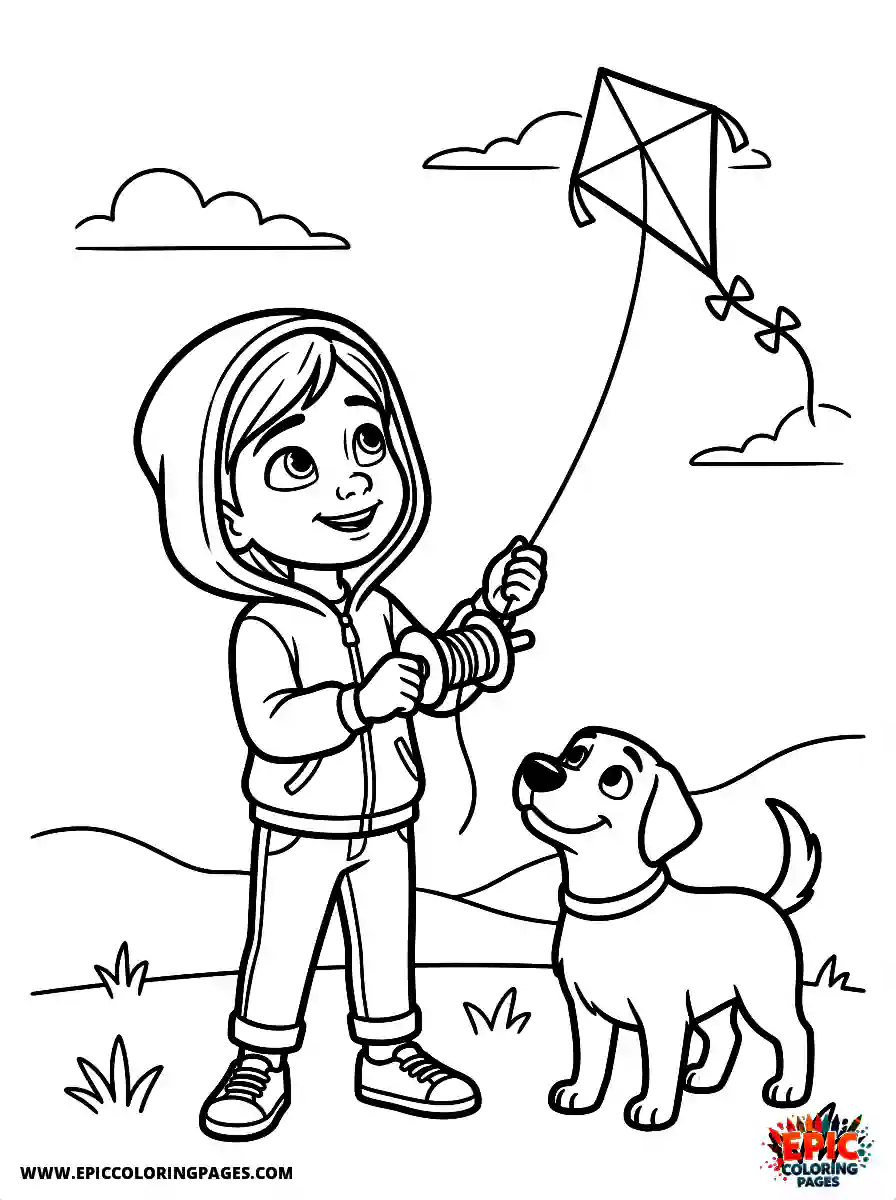 Girl with Dog Girl with dog pixar style holding a flying kite string wearing a windbreaker